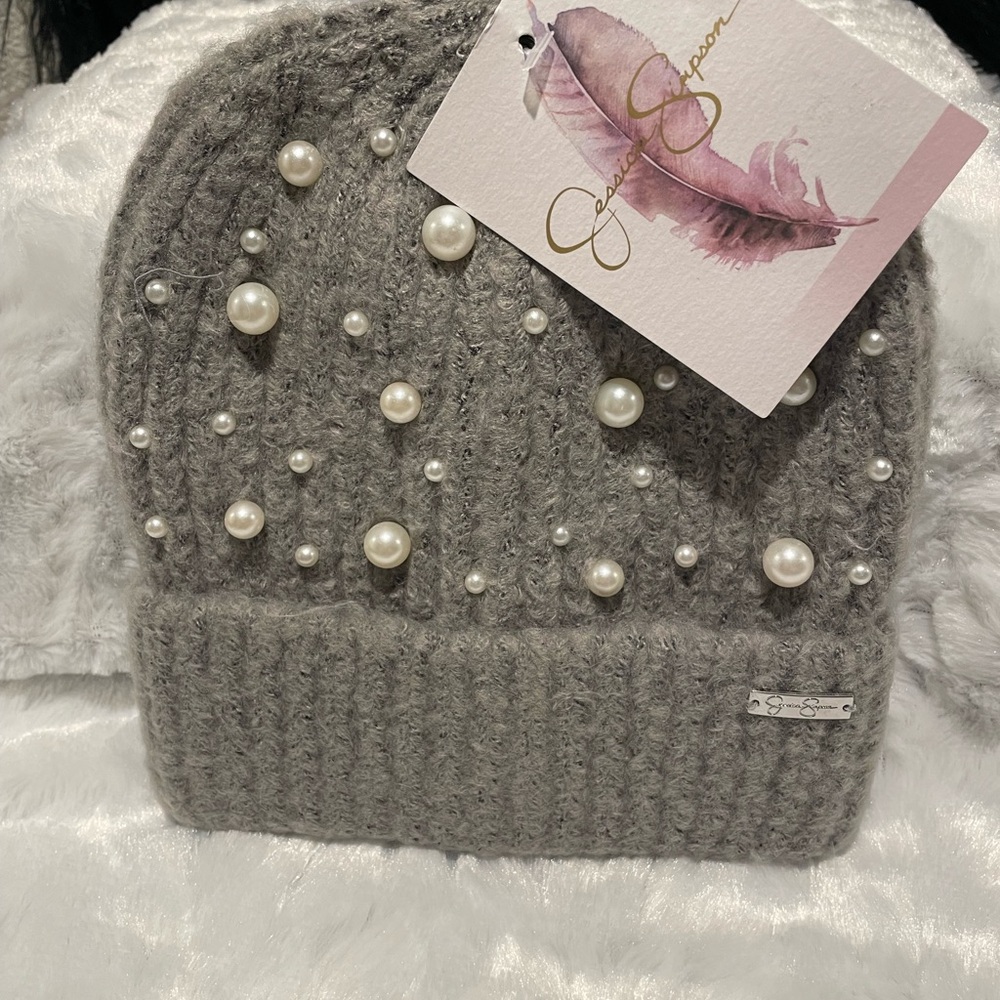 Jessica Simpson Gray Beanie with Pearl Accents